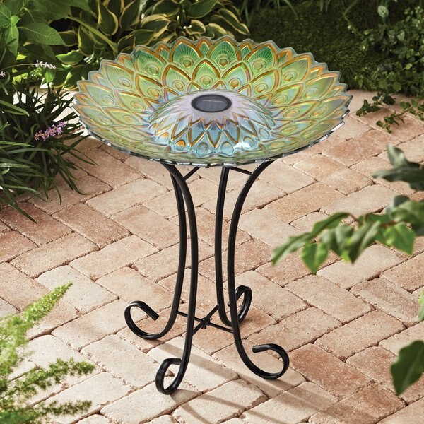 Hi-Line Gift Solar Green Fusion Mosaic Floral Glass Bird Bath with Stand, Multicolor