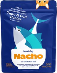 Made by Nacho Sustainably Caught Diced Tuna & Cod Recipe with Bone Broth Grain-Free Wet Cat Food, 2.5-oz pouch, case of 12