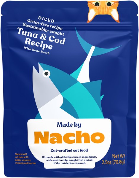 Made by Nacho Sustainably Caught Diced Tuna & Cod Recipe With Bone Broth Grain-Free Wet Cat Food, 2.5-oz pouch, case of 12 slide 1 of 7