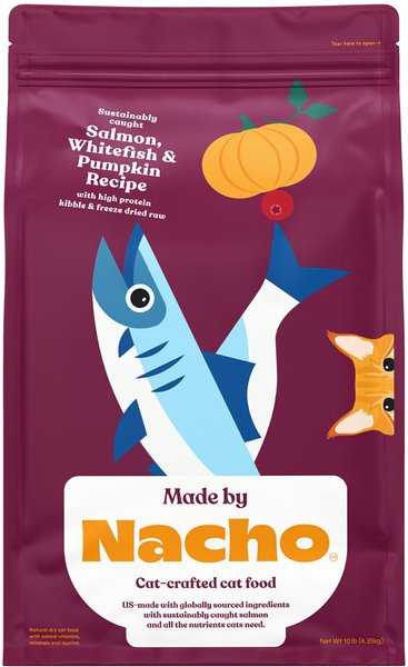 Made by Nacho Sustainably-Caught Salmon, Whitefish & Pumpkin Recipe with Freeze-Dried Raw Chicken Liver Dry Cat Food, 10 lbs.