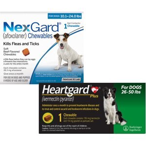 Heartgard Plus Chew for Dogs, 26-50 lbs, (Green Box), 1 Chew (1-mo. supply) & NexGard Chew for Dogs, 10.1-24 lbs, (Blue Box), 1 Chew (1-mo. supply)