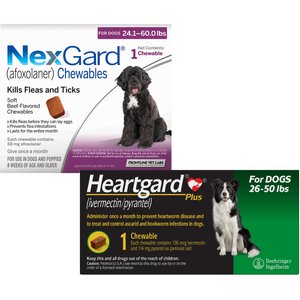 Heartgard Plus Chew for Dogs, 26-50 lbs, (Green Box), 1 Chew (1-mo. supply) & NexGard Chew for Dogs, 24.1-60 lbs, (Purple Box), 1 Chew (1-mo. supply)