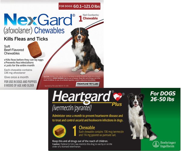 Heartgard Plus Chew for Dogs, 26-50 lbs, (Green Box), 1 Chew (1-mo. supply) & NexGard Chew for Dogs, 60.1-121 lbs, (Red Box), 1 Chew (1-mo. supply) slide 1 of 9
