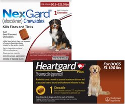 Heartgard Plus Chew for Dogs, 51-100 lbs, (Brown Box), 1 Chew (1-mo. supply) & NexGard Chew for Dogs, 60.1-121 lbs, (Red Box), 1 Chew (1-mo. supply)