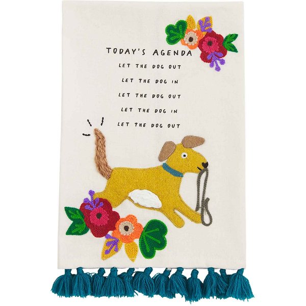 Mud Pie Funny Embroidered Let Me Outside Dog Tea Towel, Cream