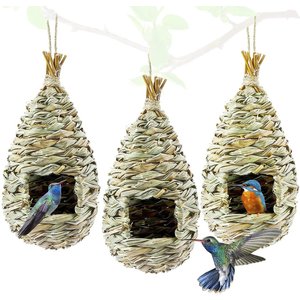 SunGrow Woven Nest, Food Feeder, Cage Accessory, Outdoor Hanging Finch & Hummingbird Bird House, 3 count
