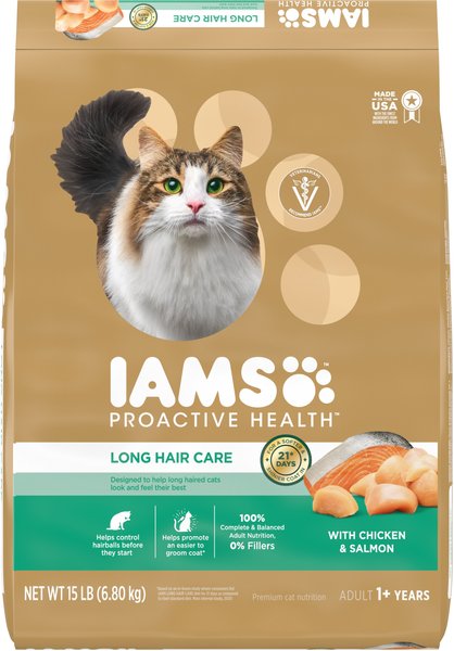 Iams Proactive Health Long Hair Care with Real Chicken & Salmon Adult Dry Cat Food, 15-lb bag slide 1 of 9