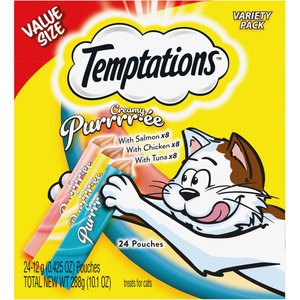 Temptations Creamy Puree Salmon, Chicken & Tuna Variety Pack Lickable Cat Treats, 0.42-oz pouch, 24 count