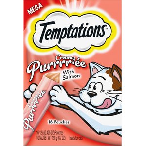 Temptations Creamy Puree with Salmon Lickable, Squeezable Cat Treat, 12-gram pouch, 16 count