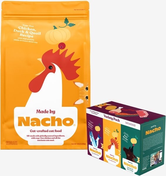 Made by Nacho Cage Free Chicken, Duck & Quail Recipe With Freeze-Dried Chicken Liver Dry Cat Food, 10-lb bag + Cuts In Gravy Recipes With Bone Broth Variety Pack Wet Food slide 1 of 9