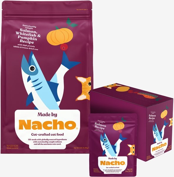 Made by Nacho Sustainably Caught Salmon, Whitefish & Pumpkin Recipe With Freeze-Dried Chicken Liver Dry Cat Food + Salmon Recipe Cuts In Gravy With Bone Broth Wet Food slide 1 of 9