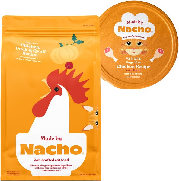 Made by Nacho Cage Free Chicken, Duck & Quail Recipe With Freeze-Dried Chicken Liver Dry Cat Food + Cage Free Minced Chicken Recipe With Bone Broth Wet Food slide 1 of 9