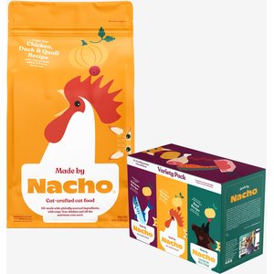 Made by Nacho Cage Free Chicken, Duck & Quail Recipe With Freeze-Dried Chicken Liver Dry Cat Food, 4-lb bag + Cuts In Gravy Recipes With Bone Broth Variety Pack Wet Food