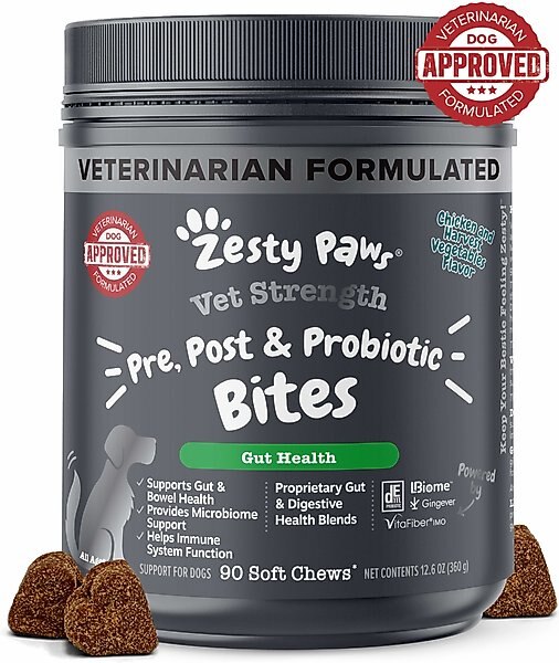 Zesty Paws Vet Strength Pre, Post, & Probiotic Soft Chews Gut Flora & Digestive Supplement for Dogs, 90 count slide 1 of 9