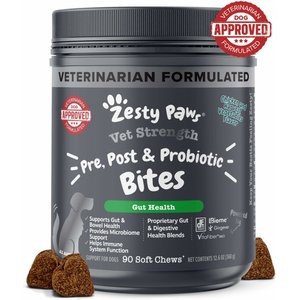 Zesty Paws Vet Strength Pre, Post, & Probiotic Soft Chews Gut Flora & Digestive Supplement for Dogs, 90 count