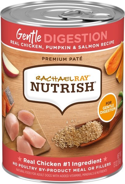 Rachael Ray Nutrish Gentle Digestion Real Chicken, Pumpkin & Salmon Canned Dog Food, 13-oz, case of 12 slide 1 of 7