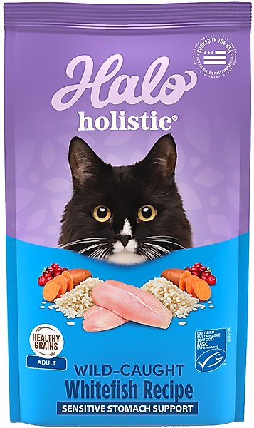 Halo Holistic Wild-Caught Whitefish Recipe Sensitive Stomach Support Adult Dry Cat Food, 3-lb bag slide 1 of 10