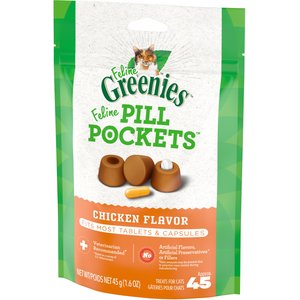 Greenies Pill Pockets Feline Chicken Flavor Natural Soft Adult Cat Treats, 1.6-oz bag, 45 count