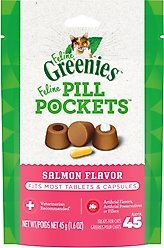 Greenies Pill Pockets Feline Natural Salmon Flavor Soft Adult Cat Treats, 45 count