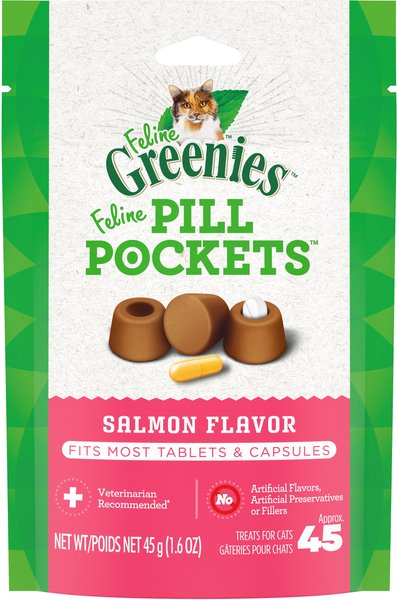 Greenies Pill Pockets Feline Natural Salmon Flavor Soft Adult Cat Treats, 45 count slide 1 of 9
