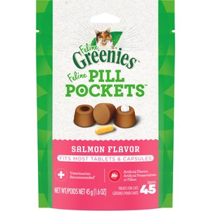 Greenies Pill Pockets Feline Natural Salmon Flavor Soft Adult Cat Treats, 45 count