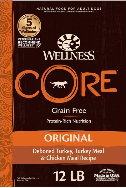 Wellness CORE Grain-Free Original Deboned Turkey, Turkey Meal & Chicken Meal Recipe Dry Dog Food, 12-lb bag slide 1 of 8