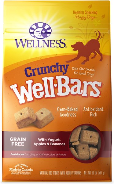 Wellness Crunchy WellBars Yogurt, Apples & Bananas Baked Grain-Free Dog Treats, 20-oz bag slide 1 of 6
