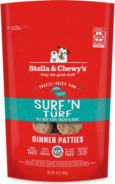 STELLA CHEWY S Surf N Turf Dinner Patties Freeze Dried Raw Dog Food 14 oz bag Chewy