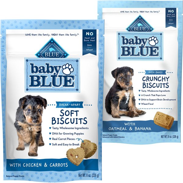 Blue Buffalo Baby BLUE Soft Biscuits Natural, Chicken & Carrots + Crunchy Biscuits Natural Biscuits, Oatmeal & Banana Puppy Dog Treats slide 1 of 9