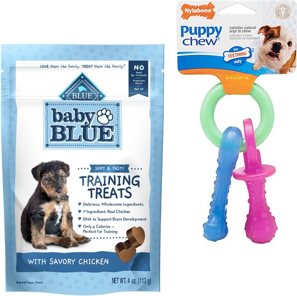 Blue Buffalo Baby BLUE Training Natural Puppy Soft Dog Treats, Savory Chicken + Nylabone Teething Pacifier Chew Toy slide 1 of 7