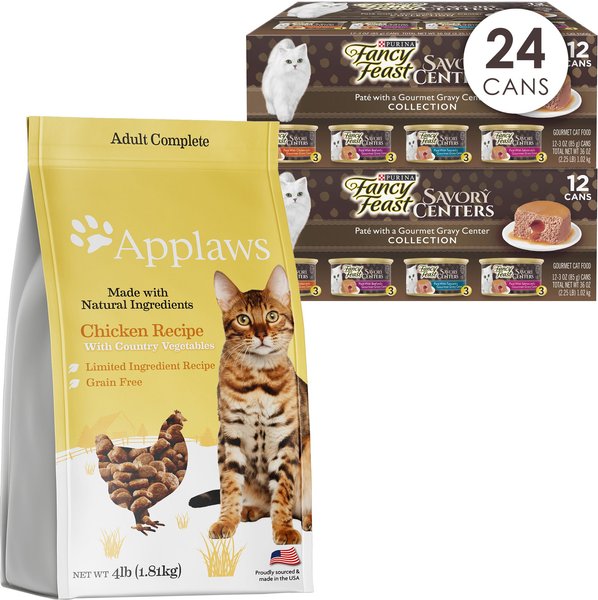Applaws Adult Complete Chicken Recipe with Country Vegetables Grain-Free Dry Cat Food + Fancy Feast Savory Centers Variety Pack Canned Food slide 1 of 9