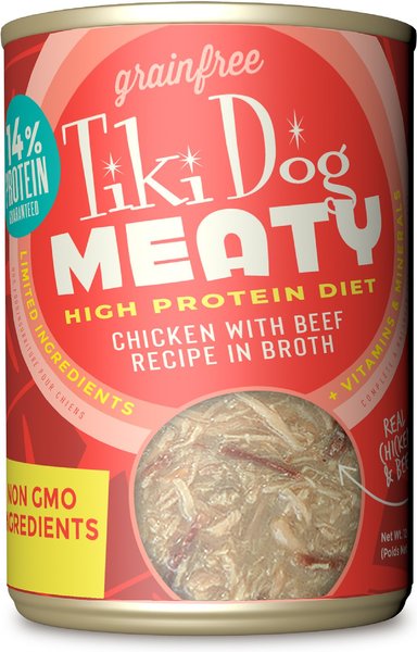 Tiki Dog Meaty Whole Foods Grain-Free Chicken & Beef Shredded Canned Dog Food, 12-oz, case of 8 slide 1 of 8