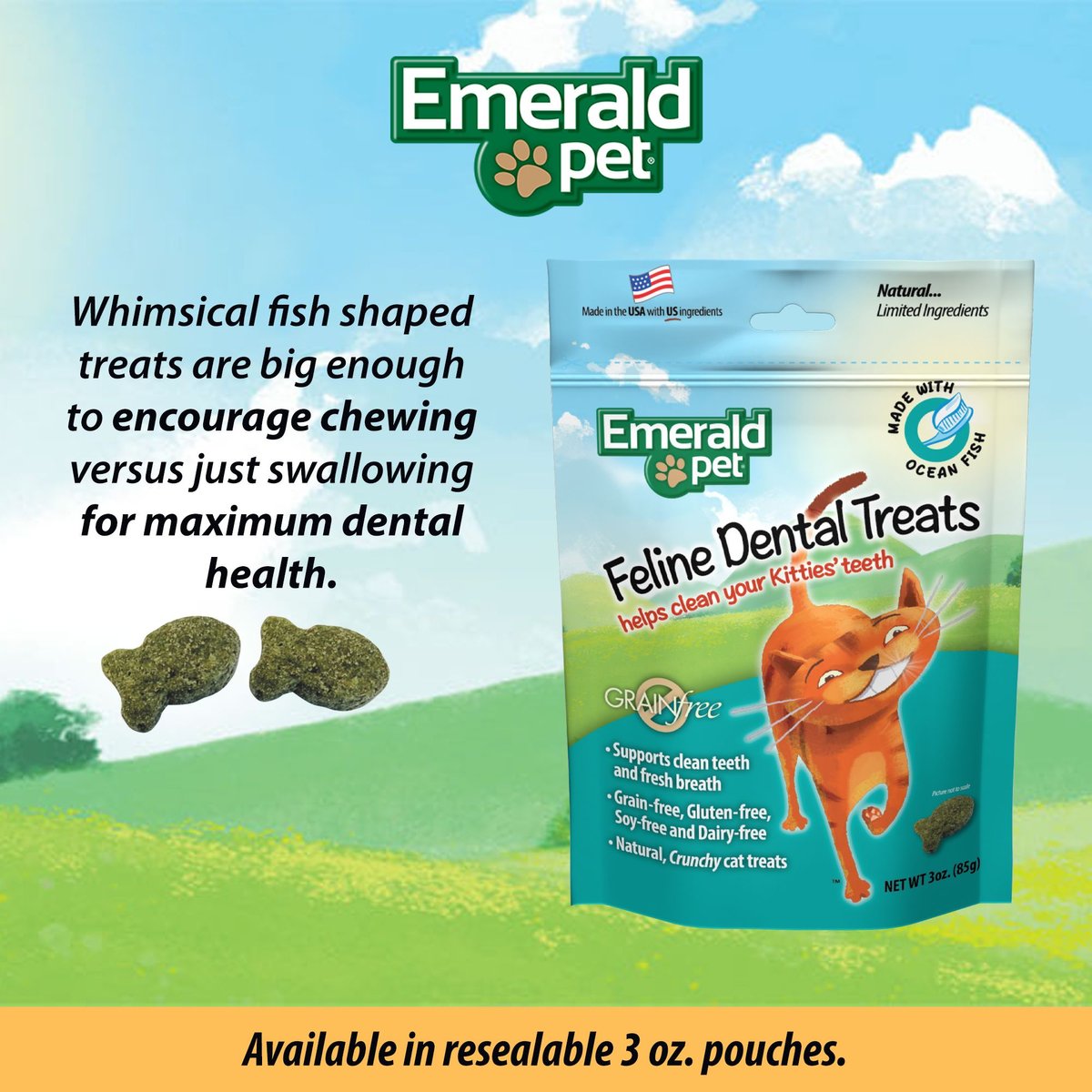 EMERALD PET Feline Dental Treats with Ocean Fish Cat Treats, 3oz Bag
