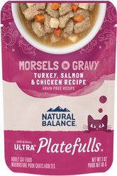 Natural Balance Platefulls Indoor Formula Turkey, Salmon & Chicken in Gravy Grain-Free Cat Food Pouches, 3-oz pouch, case of 24