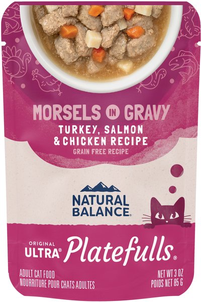 Natural Balance Platefulls Indoor Formula Turkey, Salmon & Chicken in Gravy Grain-Free Cat Food Pouches, 3-oz pouch, case of 24 slide 1 of 4