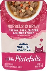 Natural Balance Platefulls Indoor Formula Salmon, Tuna, Chicken & Shrimp in Gravy Grain-Free Cat Food Pouches, 3-oz pouch, case of 24