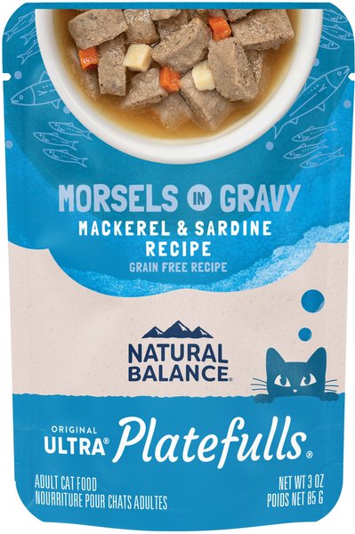 Natural Balance Platefulls Indoor Formula Mackerel & Sardine in Gravy Grain-Free Cat Food Pouches, 3-oz pouch, case of 24 slide 1 of 9