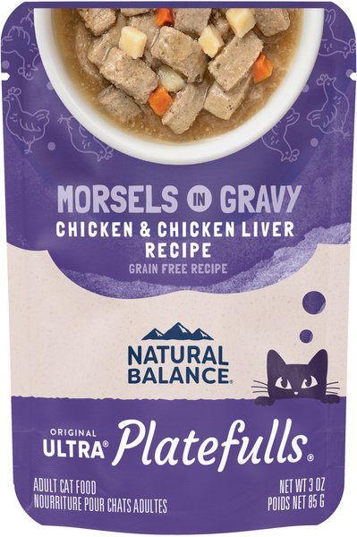 Natural Balance Platefulls Indoor Formula Chicken & Chicken Liver in Gravy Grain-Free Cat Food Pouches, 3-oz pouch, case of 24 slide 1 of 9