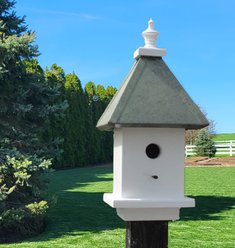 Birds Sanctuary Handmade Wooden Mounted Birdhouse Post, Green Roof