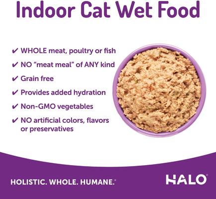 Show full view: Halo Chicken Recipe Grain-Free Indoor Cat Canned Cat Food, 5.5-oz, case of 12 slide 4 of 10