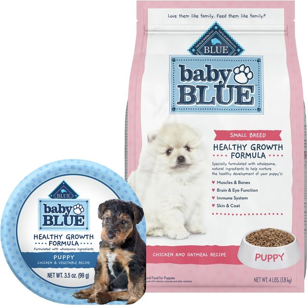 Blue Buffalo Baby BLUE Healthy Growth Formula Natural Small Breed Puppy Dry Dog Food, Chicken and Oatmeal Rice Recipe 4-lb + Wet Food Cup, Chicken and Vegetable Recipe slide 1 of 9
