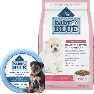 Blue Buffalo Baby BLUE Healthy Growth Formula Natural Small Breed Puppy Dry Dog Food, Chicken and Oatmeal Rice Recipe 4-lb + Wet Food Cup, Chicken and Vegetable Recipe