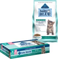 Blue Buffalo Baby BLUE Healthy Growth Formula Grain-Free High Protein, Natural Kitten Dry Cat Food, Chicken and Pea Recipe 2-lb + Pate Wet Food Variety Pack, Chicken, Salmon