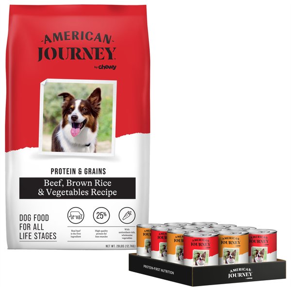American Journey Poultry & Beef Variety Pack Canned Dog Food +Protein & Grains Beef, Brown Rice & Vegetables Recipe Dry Food slide 1 of 9