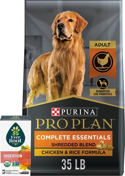 EverRoot by Purina Digestion + Pumpkin Chewable Tablets Dog Supplement + Purina Pro Plan High Protein Shredded Blend Chicken & Rice Formula with Probiotics Dry Food slide 1 of 9