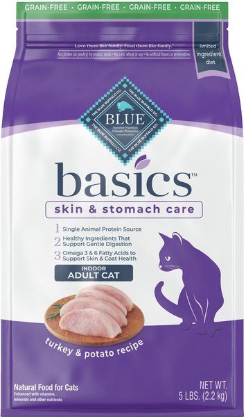 Blue Buffalo Basics Skin & Stomach Care Grain-Free Turkey & Potato Recipe Indoor Adult Dry Cat Food, 5-lb bag slide 1 of 10