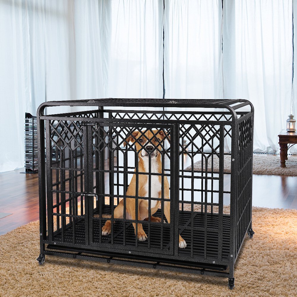 SMONTER Heavy Duty Double Lock Metal Large Breed Dog Crate, Dark Silver