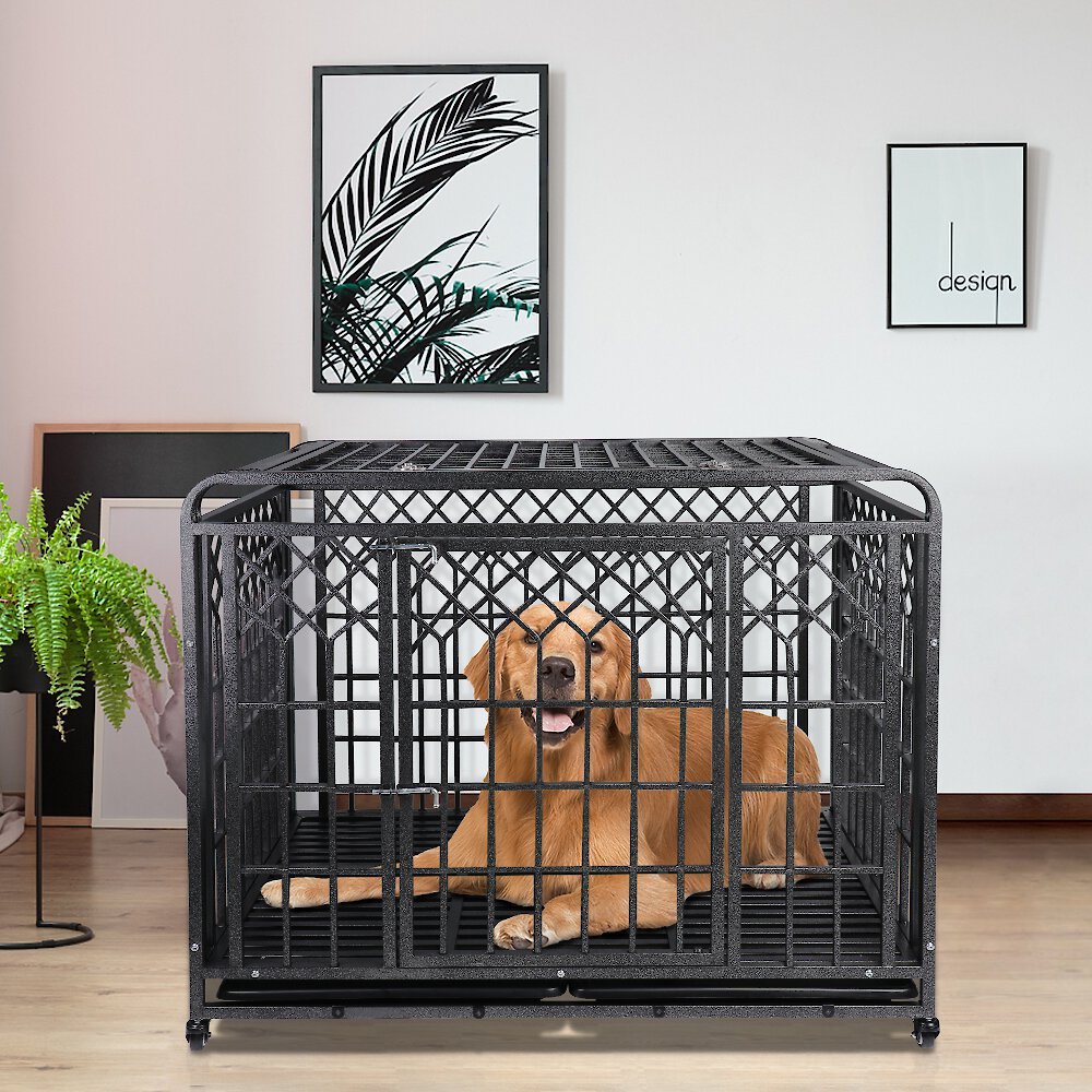 SMONTER Heavy Duty Metal Anxiety Indoor & Outdoor Large Breed Dog Crate, Dark silver
