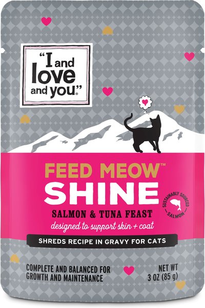 I and Love and You Feed Meow Shine Salmon & Tuna Grain Free Chunks In Gravy Wet Cat Food, 3-oz pouch, case of 24 slide 1 of 6