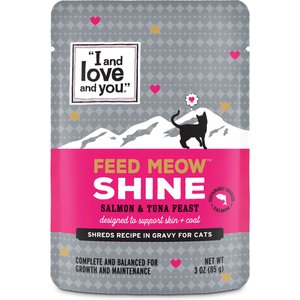I and Love and You Feed Meow Shine Salmon & Tuna Grain Free Chunks In Gravy Wet Cat Food, 3-oz pouch, case of 24